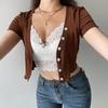 Y2K укороченные топы с кружевной отделкой, коричневая хлопковая футболка на пуговицах с коротким рукавом и v-образным вырезом в стиле ретро, ​​базовая повседневная женская футболка в стиле Харадзюку
