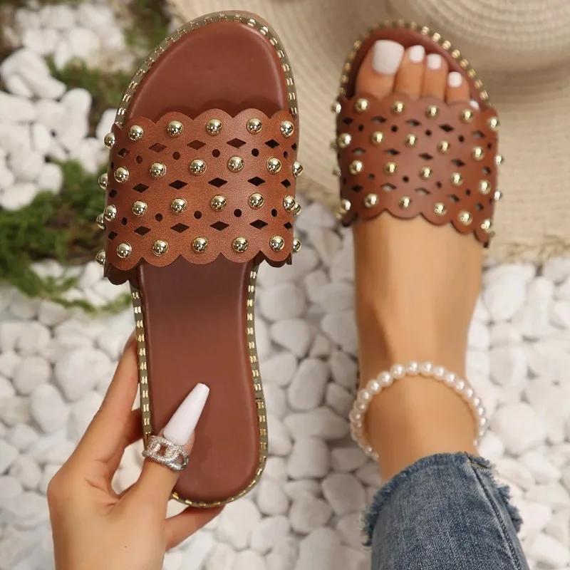 Women's Slippers 2024 Summer New Women Pearl Rhinestones All-match Casual Sandals Solid Flat Slides Shoes for Women Slippers