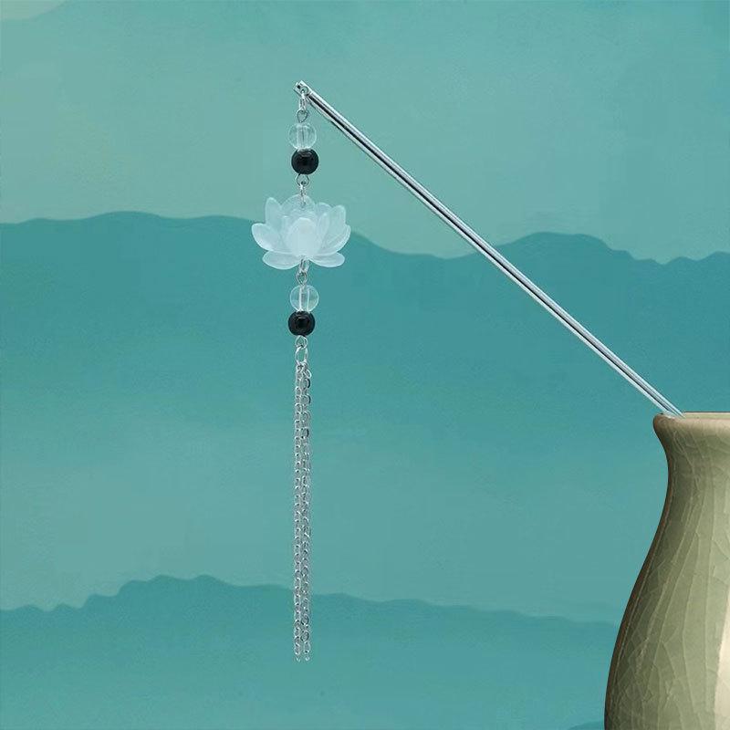 Заколка для волос в виде кисточки лотоса, инкрустированная бриллиантами: Элегантный китайский стиль с жемчужным цветком и замком мира, идеально подходит для женщин.