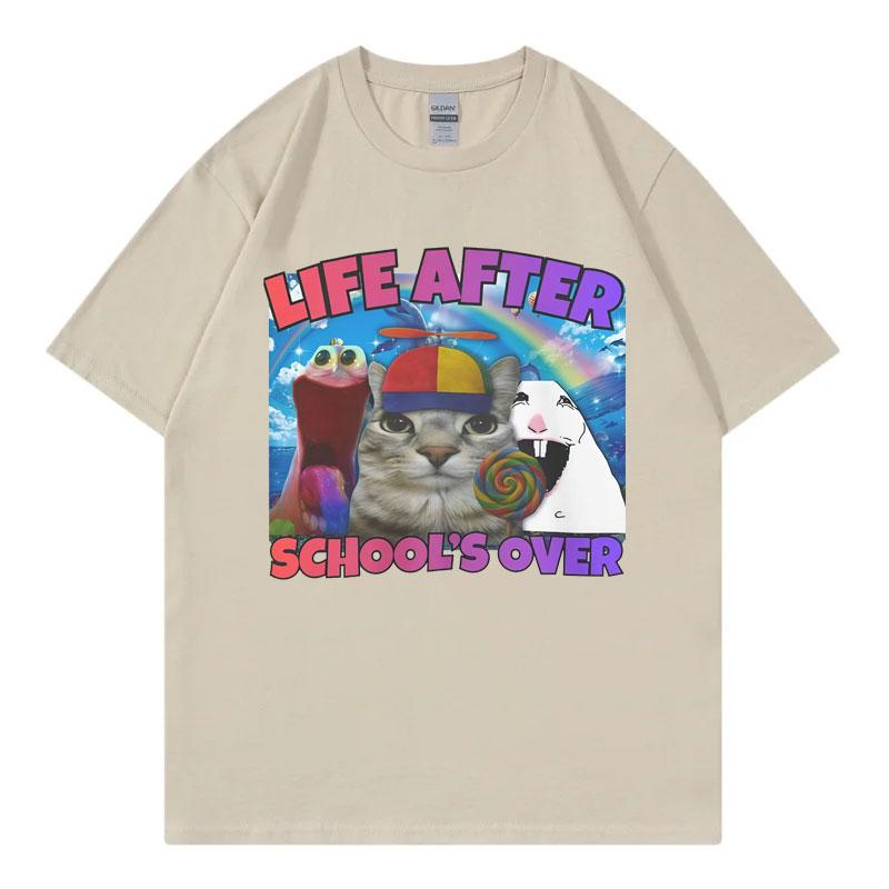Life After Schools Over Funny Cat Meme T Shirt Harajuku Y2k Style Short Sleeve Tshirt Unisex Unisex Casual Fashion Loose Tshirts