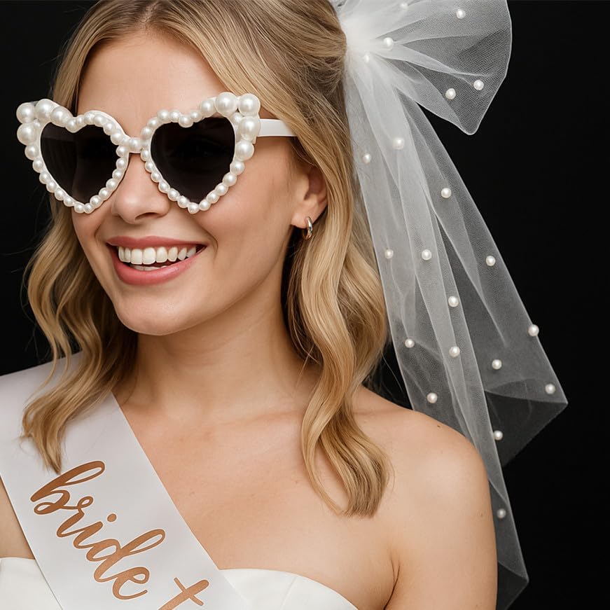 Bride Bachelorette Party Accessories 3 Pcs,Bride To Be Sash,White Veil,Pearl Heart Sunglasses for Bridal Wedding Favors Gifts (White)