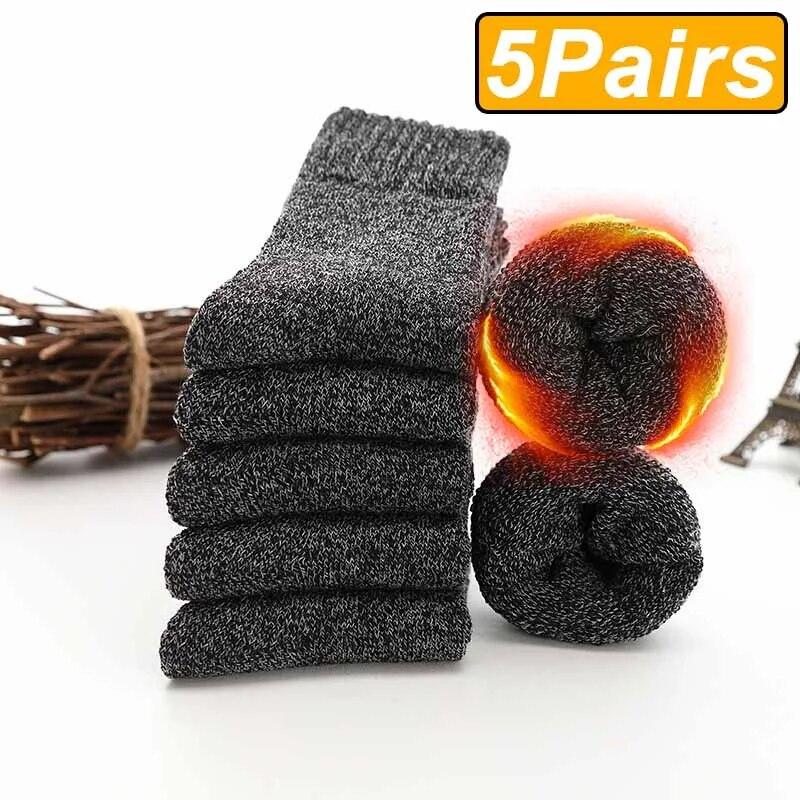 5 Pairs Winter Warm Men’s Socks Wool Male Women Socks Super Thicker Solid Socks Merino Wool Socks Against Cold Snow Terry Socks