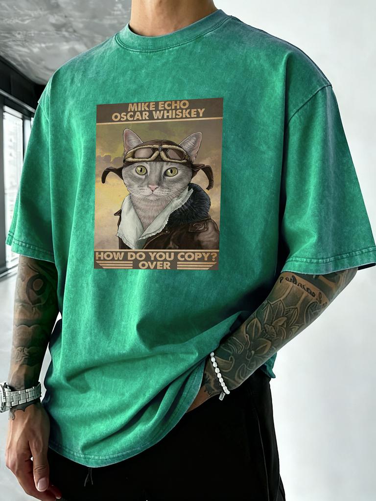 Retro Styled Cat Calling Out Print Washed TShirt Men Summer Vacation Clothing Casual Crewneck Tee Shirt Loose Cotton Streetwear