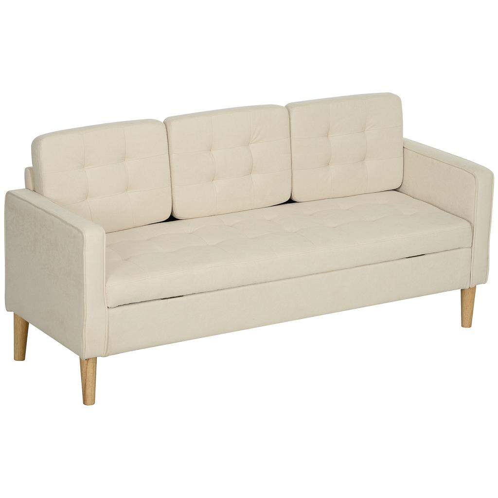 Three-Seater Sofa, Snow-White Flannel, Hidden Storage, Tufted Backrest, 166.5 x 62 x 82 cm, Cream
