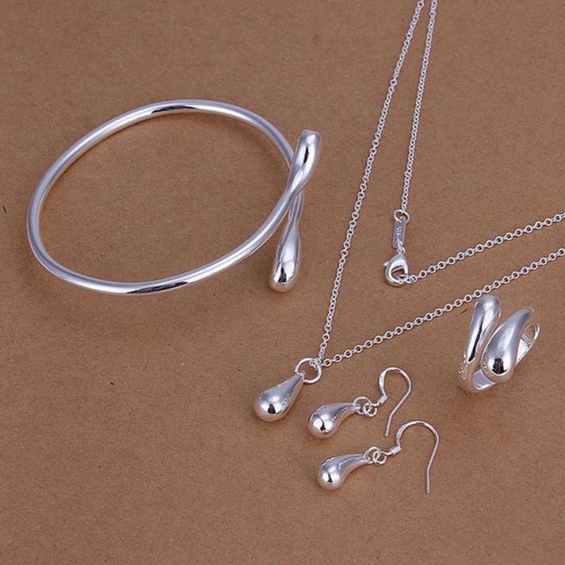 Европейский и американский модный посеребренный набор украшений: Изысканный каплевидный браслет, ожерелье, серьги и кольцо