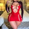 Black and Red Gradual Change Color Sex Net Sexy Fishing Net Onesie Pajamas Hip Skirt Long Sleeve Tights