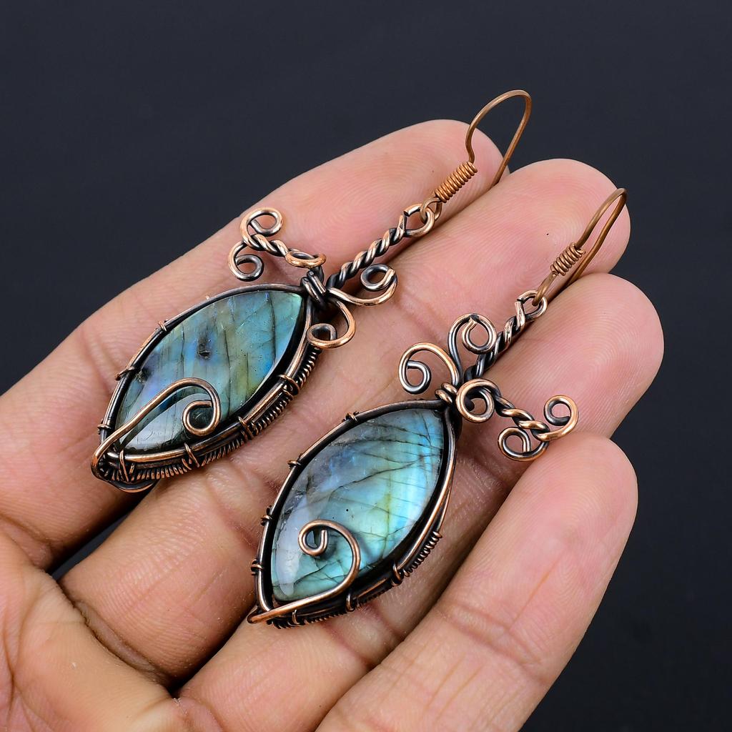 Labradorite 999 Copper Wire Wrapped Earrings, Handmade Gemstone Earrings Jewelry, Gifts For Wife Brand New Earrings
