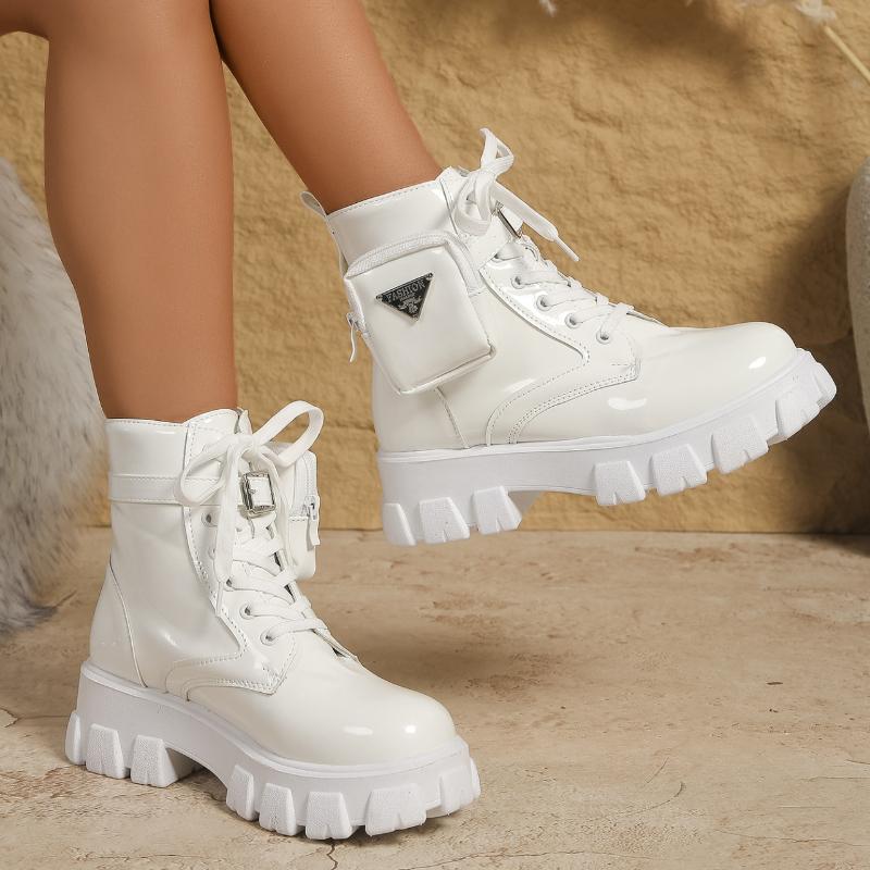 Высококачественные туфли на платформе с круглым носком и средней высотой голени для женщин, модные женские ботинки на шнуровке, короткие бочонки на толстом каблуке, Botas De Mujer