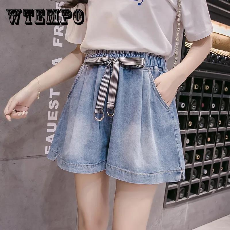 Женские летние джинсовые шорты большого размера, универсальные винтажные свободные светло-голубые широкие брюки, повседневные уличные шорты трапециевидной формы с эластичной резинкой на талии