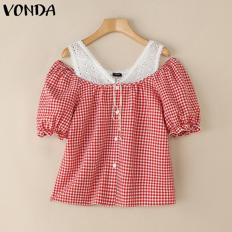 VONDA Женские летние топы с коротким рукавом и без бретелек, кружевные, в клетку, с принтом в стиле пэчворк