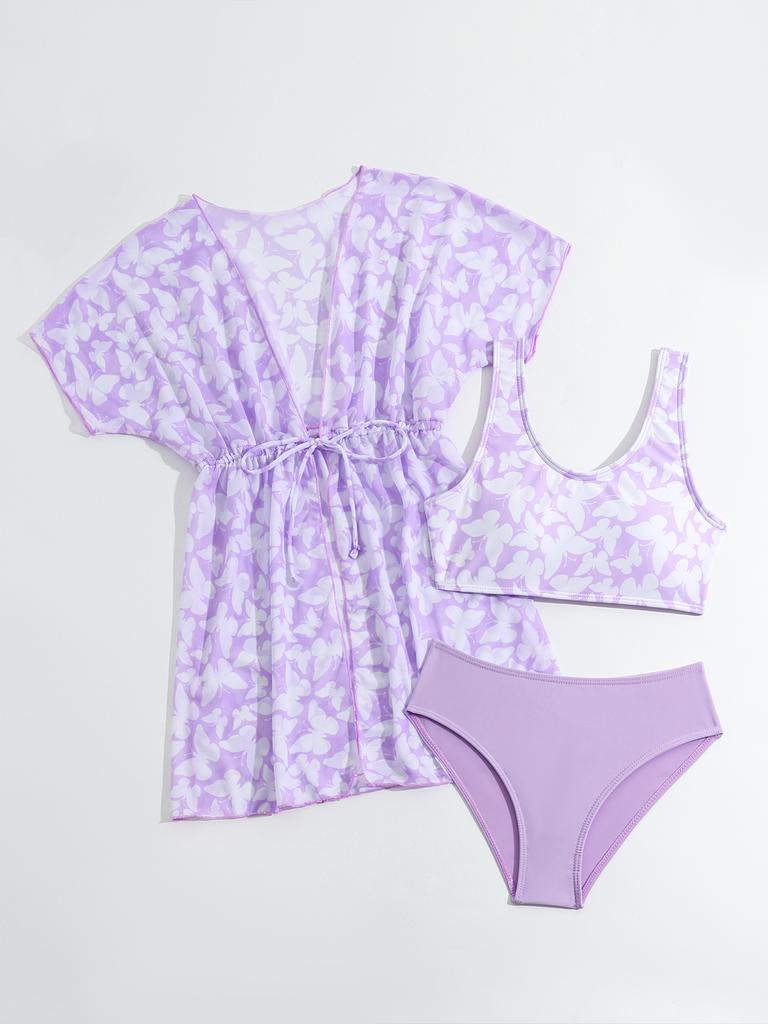 Модный комплект из 3 предметов для девочек, купальный костюм с принтом, топ с короткими рукавами, прикрытый купальник, купальный костюм