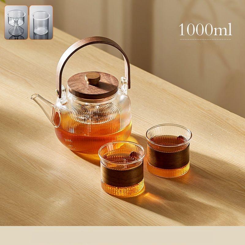 GIANXI Wooden Handle Teapot Wooden Lid Glass Teapot Chinese Kung Fu Tea Set Steam Teapot Transparent Flower Tea Cup Tray Tea Set