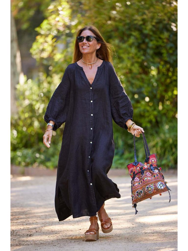 2025 Summer Women's V-neck Cotton Linen Dress: Casual European & American Vacation Style