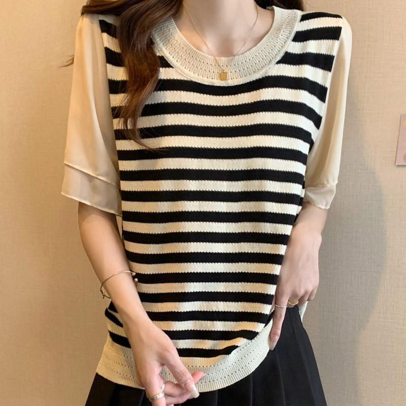 Women Sweaters Pullovers 2025 Summer Short Sleeve O-Neck White Black Knitted Striped Sweater Women Tops Pullover JJ235