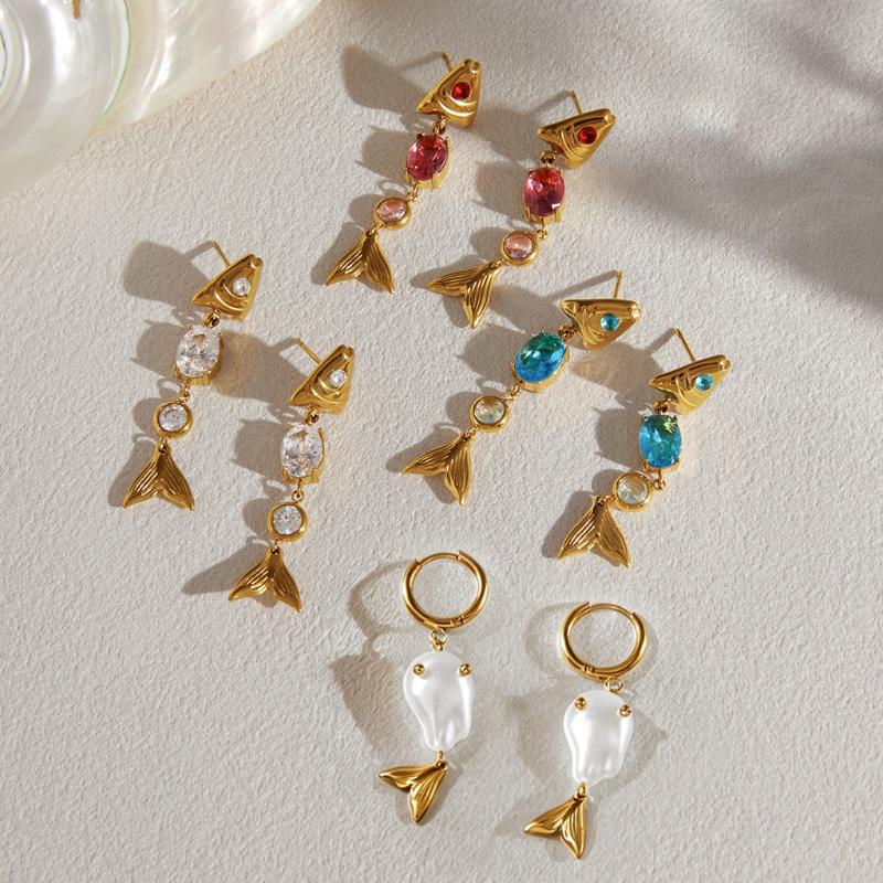Elegant Gold Plated Zircon Fish Earrings Minimalist Drop Design For Women Stylish Accessory