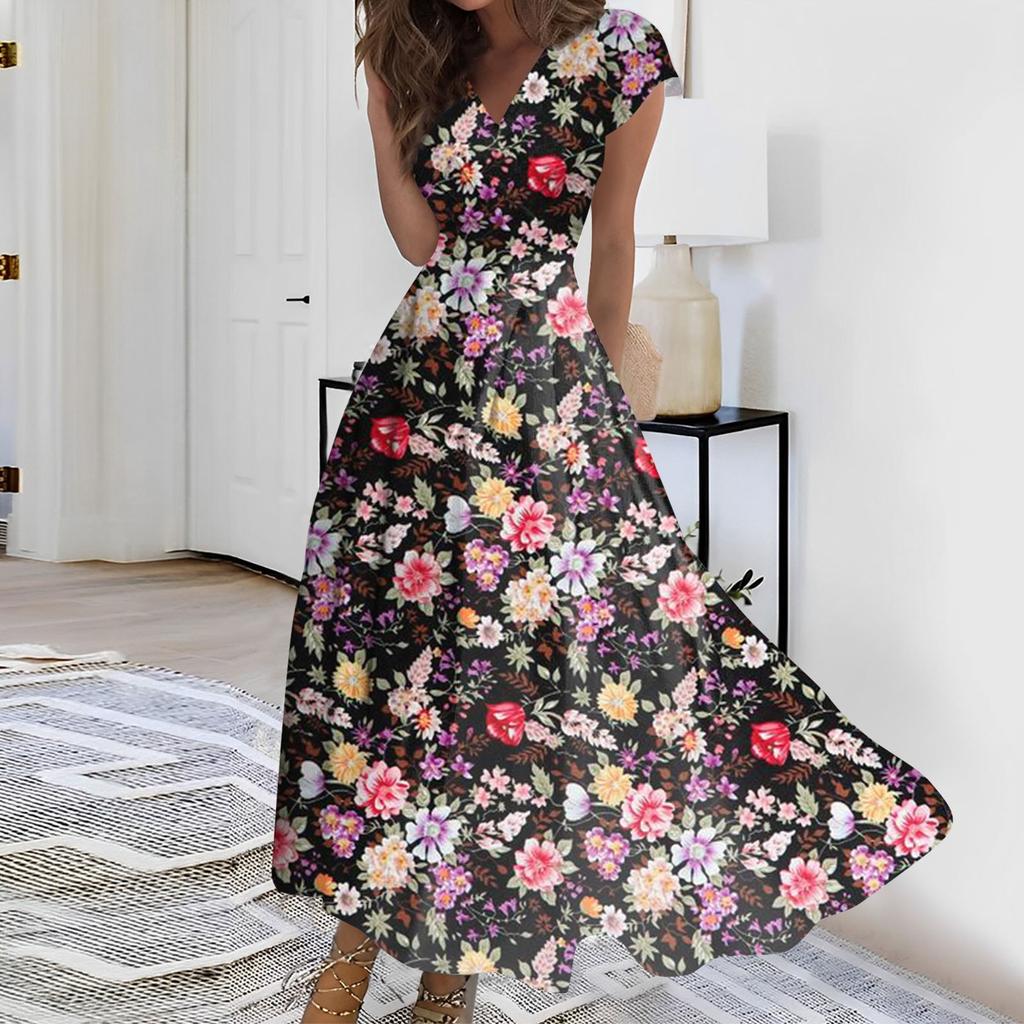 Женское длинное платье Макси-платье Повседневное платье Летнее повседневное платье с короткими рукавами и v-образным вырезом в стиле бохо с талией и принтом
