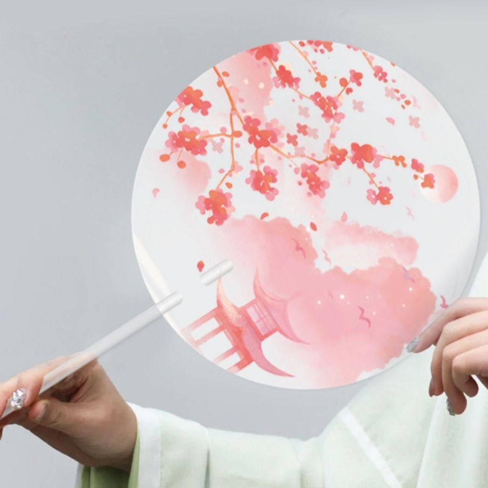 Frosted Fan Handle Ancient Long-handled Fan Color Printing Anti-break Handheld Round Fan High-looking Translucent