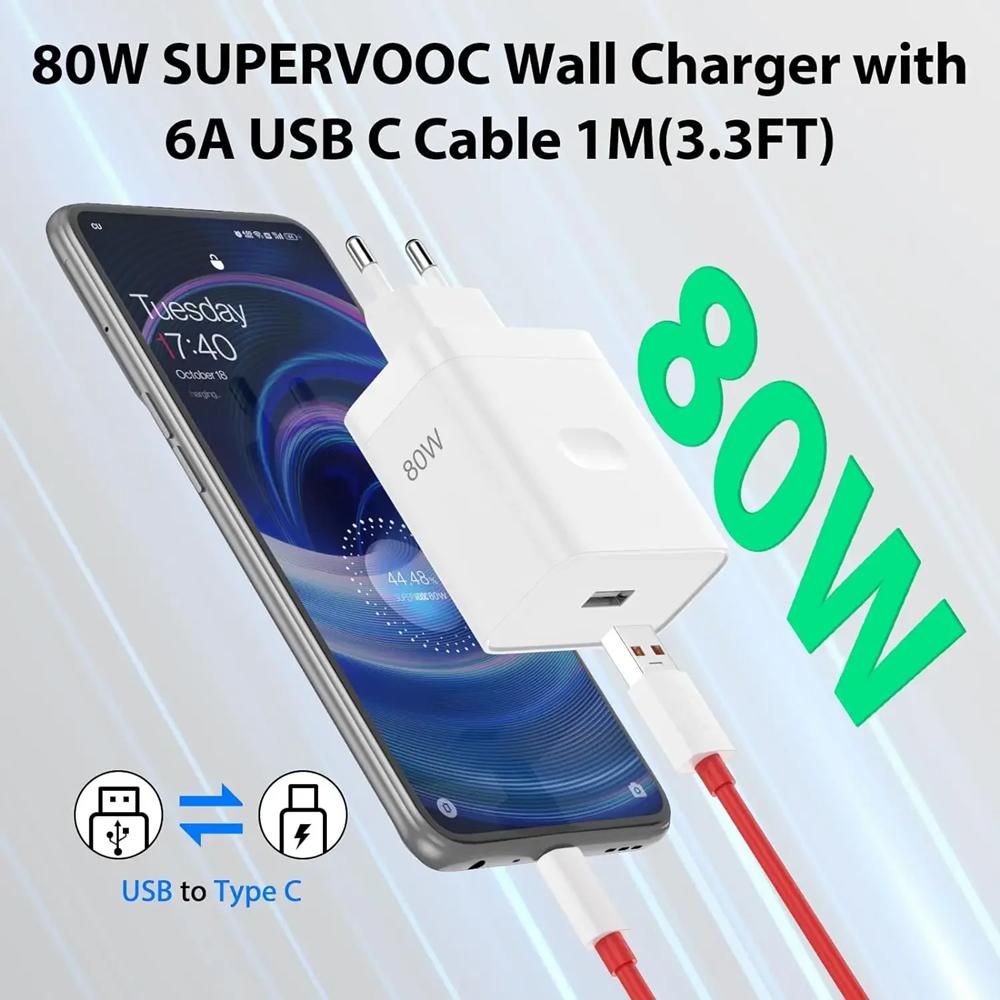 Сверхбыстрое зарядное устройство USB 80 Вт EU для OnePlus 9 10 11 12 13 Nord CE 2 3 Lite N300 OPPO Realme 12 GT NEO 2 3 Кабель Type C Warp Charge