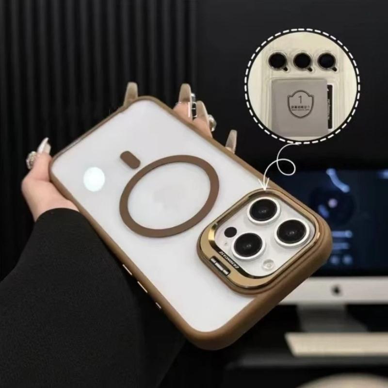 Luxury Transparent Phone Case For 16 15 14 13 12 11 Pro Max 17 Air For Magsafe Magnetic Lens Metal Stand Holder Cover