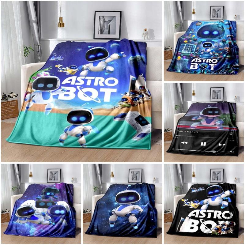 Astro Bot Game Flannel Blanket, Starry Desert Robots & Game Controller Print Throw Blanket for Sofa Bed