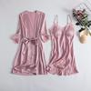 Women's Silk Five-Piece Pajama Set: Spring/Autumn Nightdress & Robe with Chest Pad