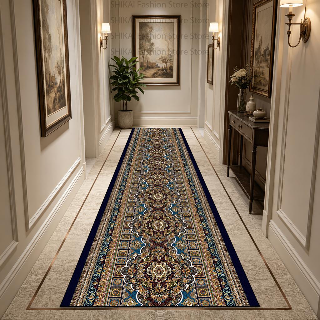 European American Style Light Luxury Retro Long Corridor Carpet Non-slip Soft Washable Runner Rug Easy Clean Foldable Aisle Mat