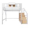 Metal Loft Bed 140 x 200 cm, With Storage Ladder, Window, Wood Panels and Mesh Fabric, Unique Raised Fencing, Shelf on Bed, Sturdy Metal Frame, White