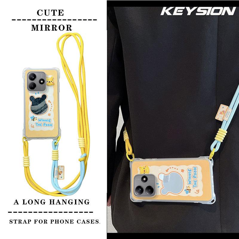 KEYSION Crossbody Strap Phone Case for Redmi Note 14 4G 5G Cute Cartoon Long Lanyard Mirror Shockproof Cover for Redmi Note 14 5G