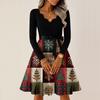 Women's Casual Fashion V-neck Long Sleeved Retro Christmas Print Retro Dress