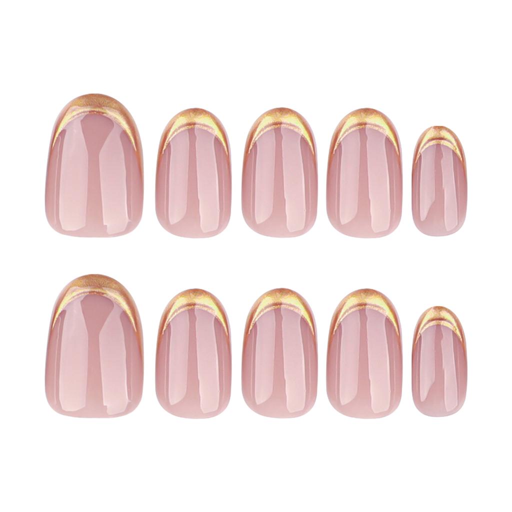 24pcs Simple Short Short Round Nude Pink Manicure French Gold Wearable Fake Nail Gold Paste 3D Wearable Nail Clipping