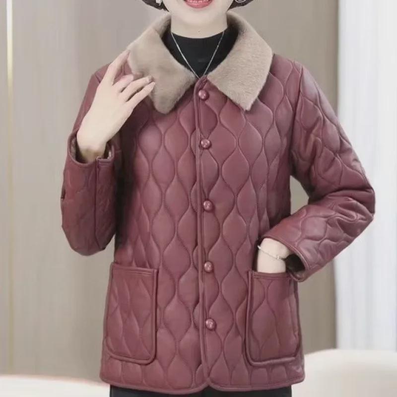 Mother's Plush Leather-Trimmed Winter Jacket: Fashionable, Thick Cotton Coat for Middle-Aged Women In Loose, Large Sizes.