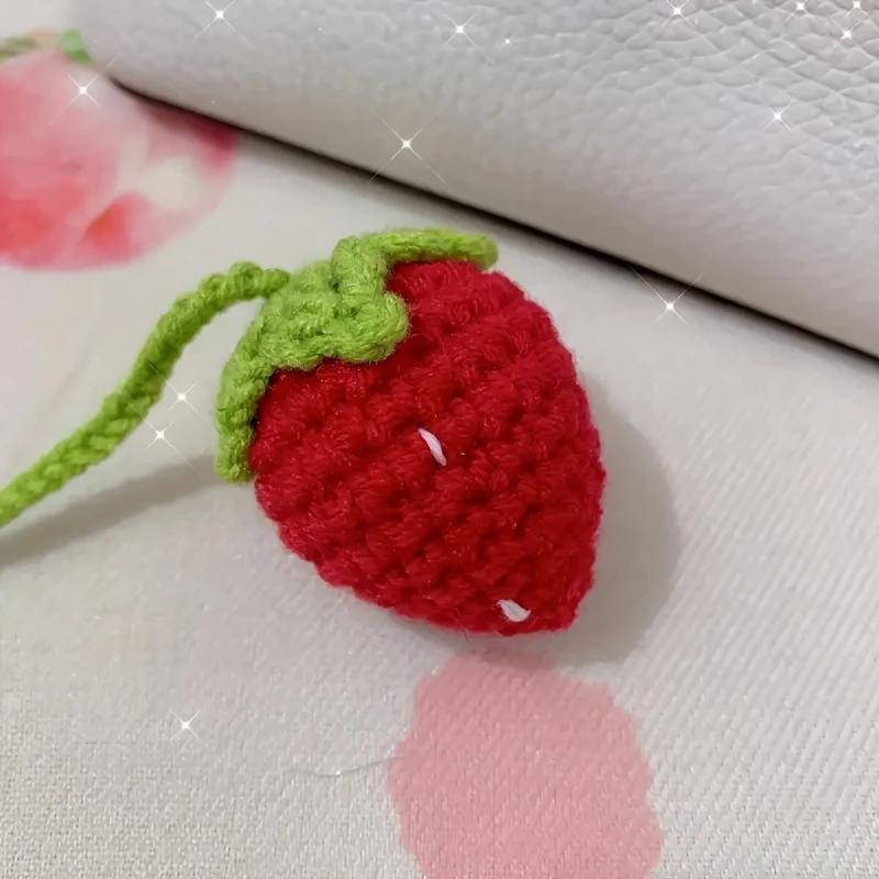 Cute Handmade Flower Knitted Pendant Car Rear View Mirror Decor Hanging Crochet Pink Strawberry Bag Key Pendant Women Girl Gift