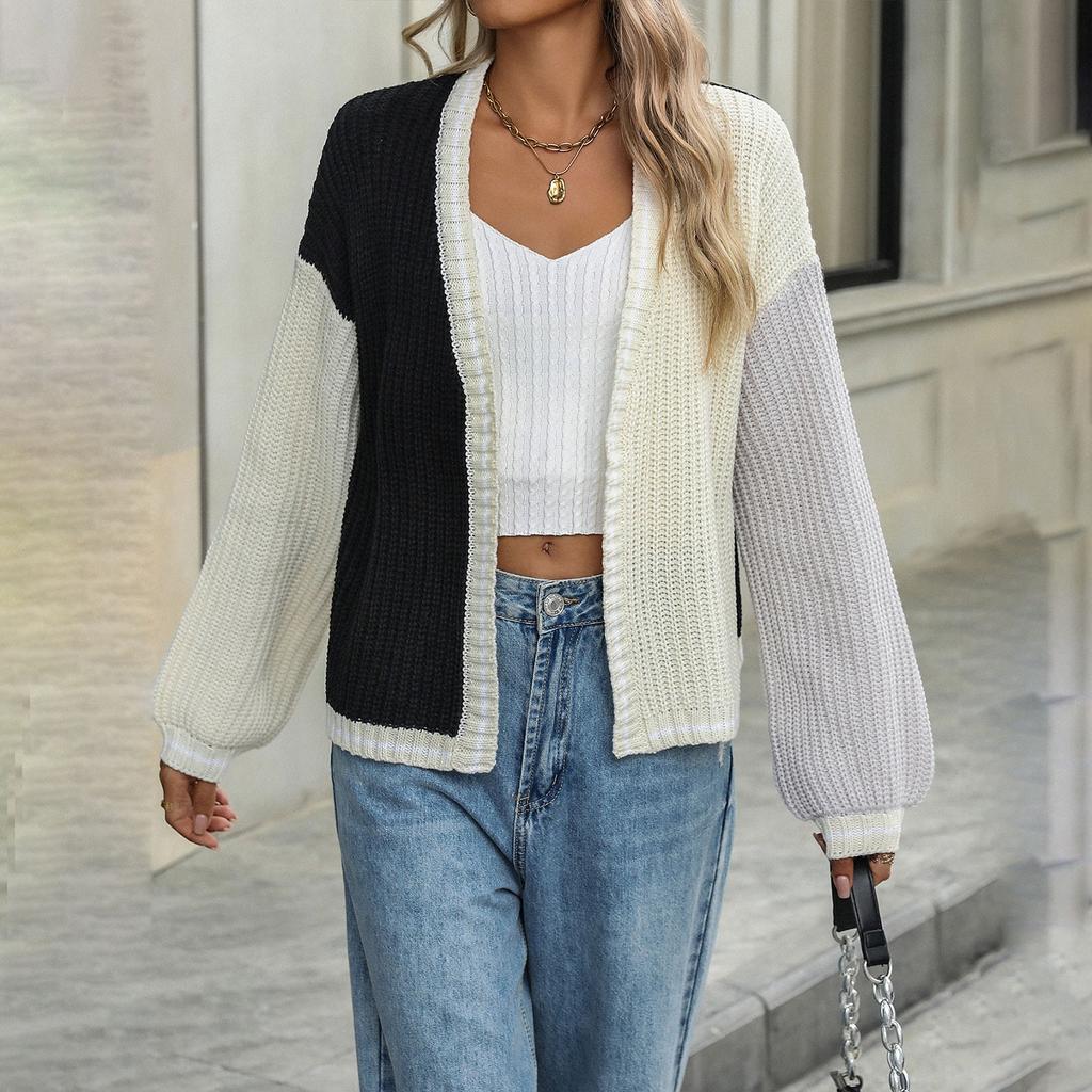 Women's Fashion Loose Splicing  Knitted Cardigan Coat Sweater