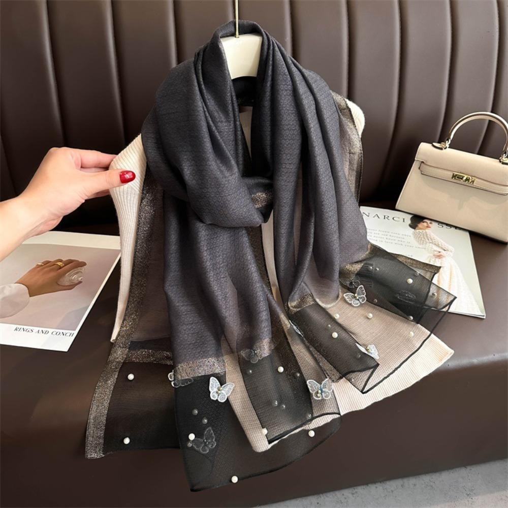 Thin Butterfly Embroidery Scarf Pearl Women Hijab Shawls Elegant Silk Scarf Lady
