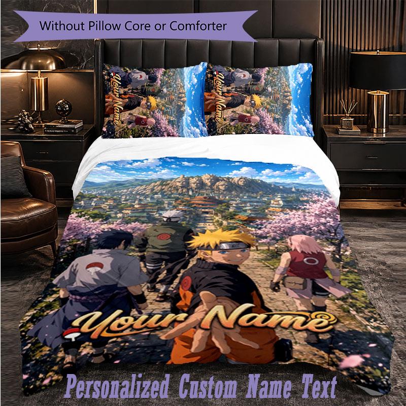 Personalized 3Pcs Bedding SetNaruto Custom Text Duvet Cover Pillowcase Set Bedroom Gift