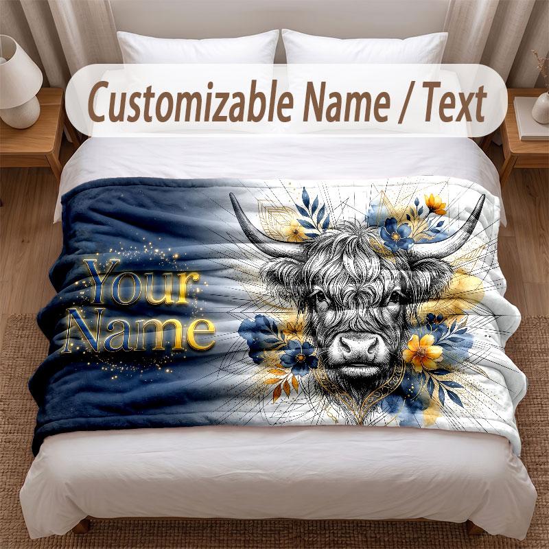 Highland Cow Theme Soft Blanket Personalized Custom Name Text Print Warm Blanket Home Sofa Bedroom Decor