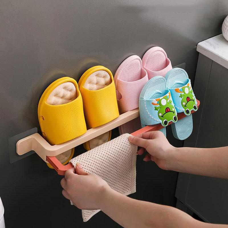 Multifunctional Bathroom Shoe Rack, Folding Towel Rack, Double-layer Pull-out Design, Folding Bathroom Wall-mounted Storage Rack