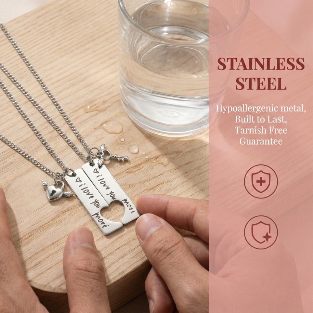 2pcs Stainless Steel Couple Necklaces Matching Puzzle Heart Lock Key Pendant  Valentine Day Gift