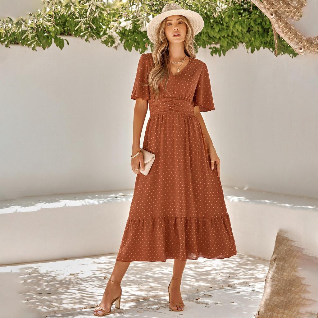 Женское весеннее однотонное платье с V-образным вырезом и короткими рукавами в виде листьев лотоса, летнее повседневное длинное платье А-силуэта с высокой талией, размер S-XL