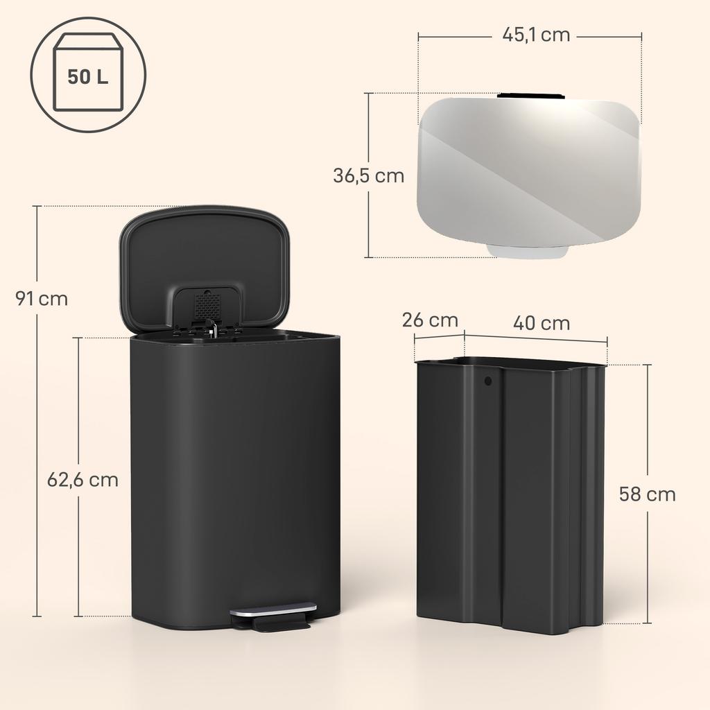 Trash Can Kitchen 50 Liter Pedal Bin with Stay-Open Function, Soft-Close Lid, Pedal, Black