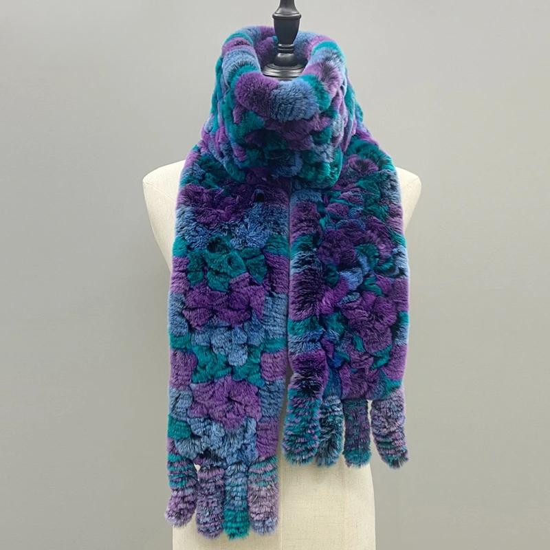 Шарф из натурального меха Пушистый длинный палантин Натуральный мех кролика рекс Ручной вязки Стильные женские шарфы Зимние палантины 180смx13см