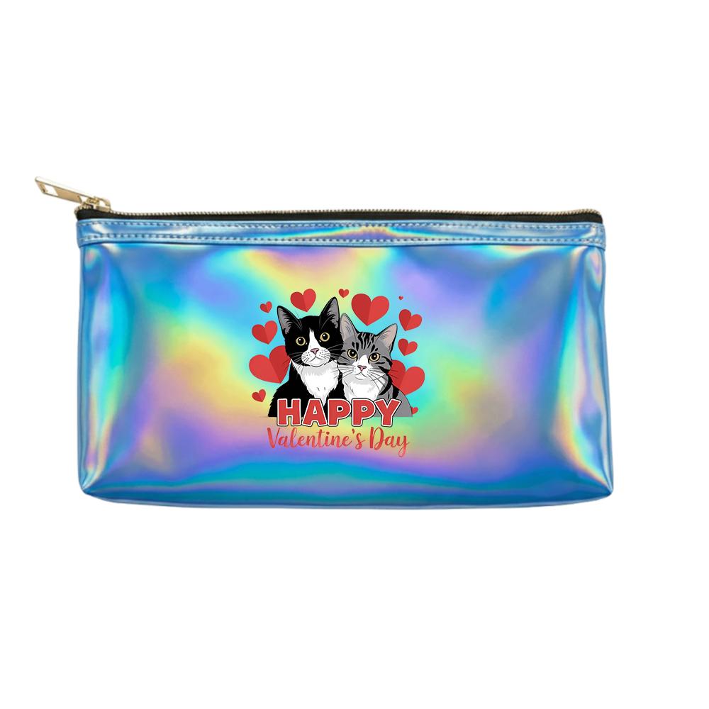 Cute Cat and Hearts Pattern Laser Cosmetic Makeup Bag, Shiny Holographic Travel Toiletry Organizer Pouch for Women Girls Holiday Gift