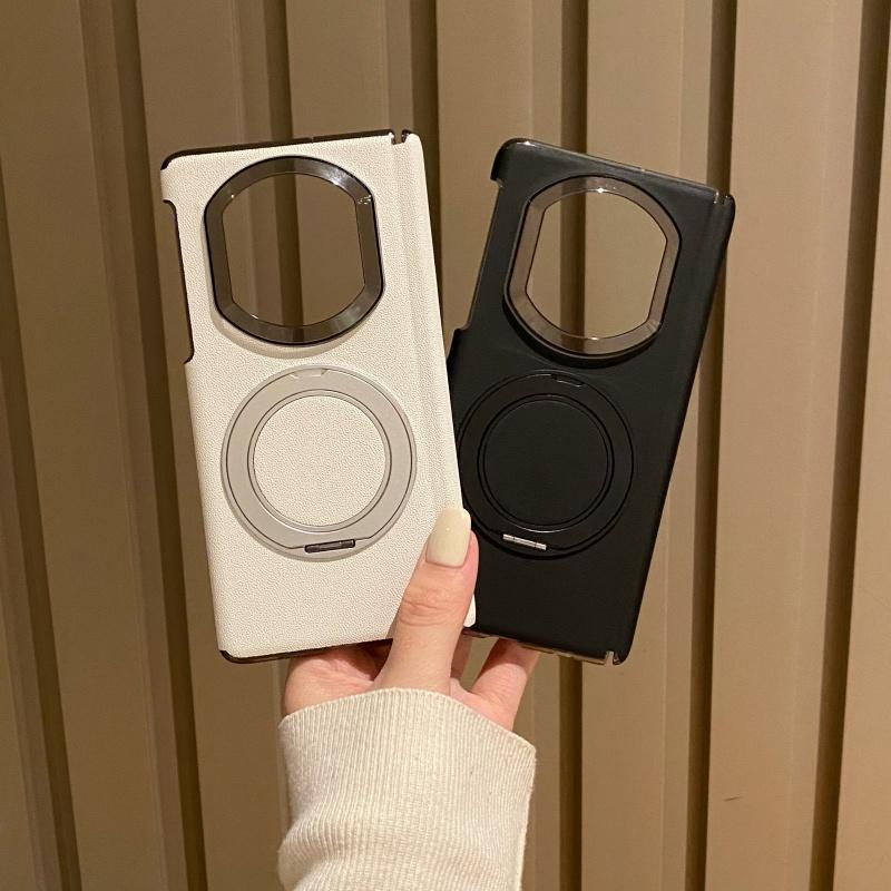 Чехол для Huawei Mate X7 Однотонная кожаная Магнитная защита Magsafe Двойной шарнир Металлический держатель-кольцо 360° Вращающийся Защитная крышка