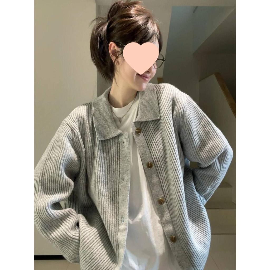 Gray Turn-Down Collar Knit Cardigan Sweater - American Retro Style for Spring/Summer