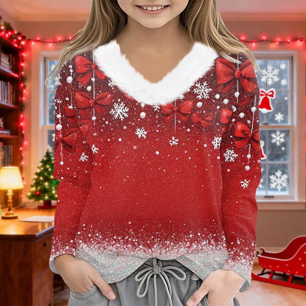 Christmas Day Girls Long Sleeve T Shirts Kids  Girls' V-Neck Tee Christmas Print Long Sleeve Top