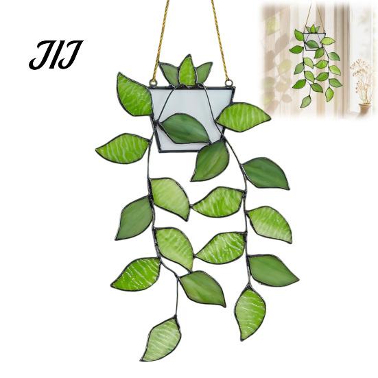 Light Refracting Plant Decoration Painted Green Leaf Window Sun Catcher for Balcony, Acrylic Faux Indoor Hanging Decorations Decor, Lightweight