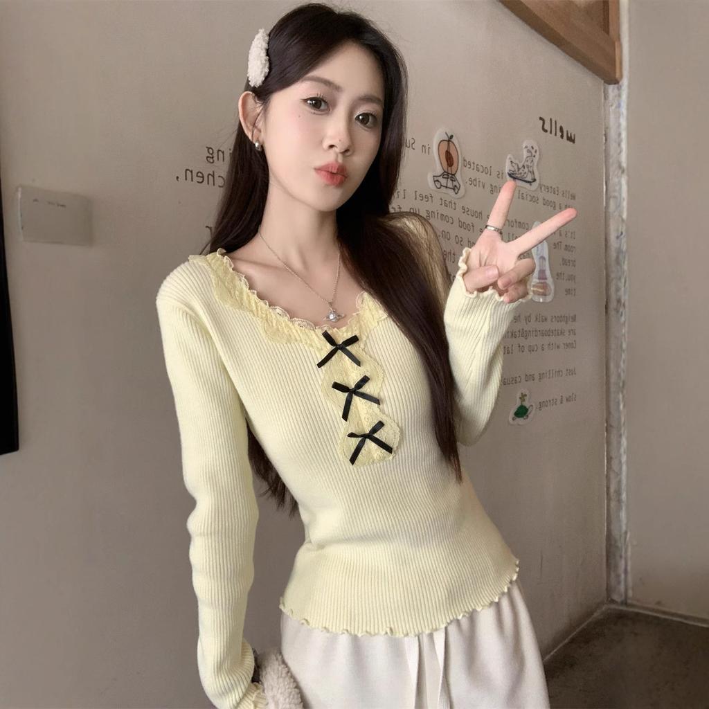 Korean Lace Trim Knit Top Spring New Slim Fit Base Layer Long Sleeve Soft Touch Shirt