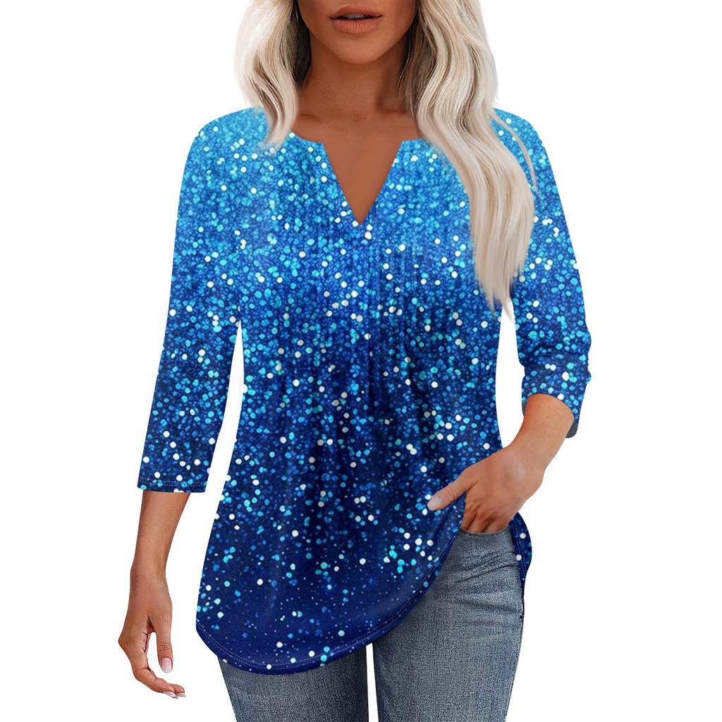 Women's Fashionable Casual Pleated V Neck Solid Color Seven Quarter Sleeve T-shirt Top