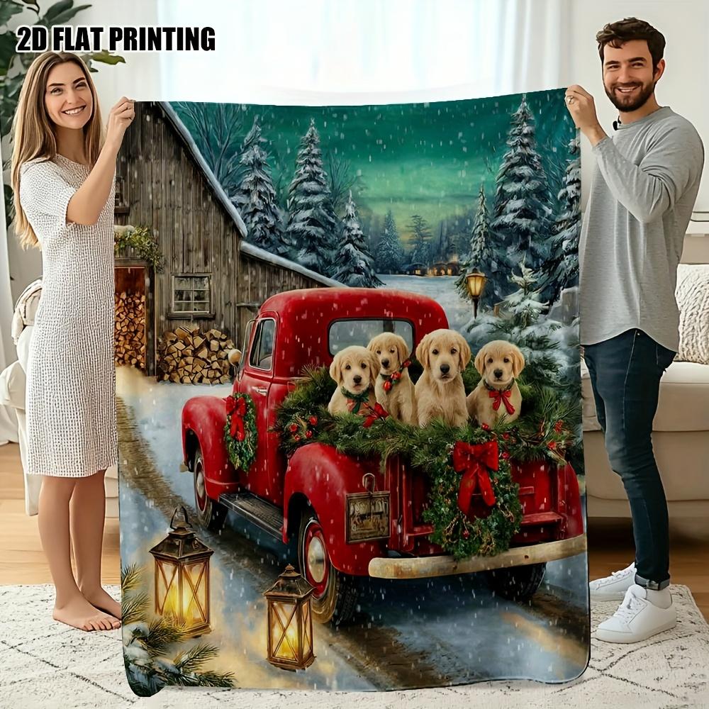 Christmas Red Truck Golden Puppy Flannel Throw Blanket Winter Snow Forest Print Soft Warm Blanket for Holiday Home Decor Dog Lover Gift