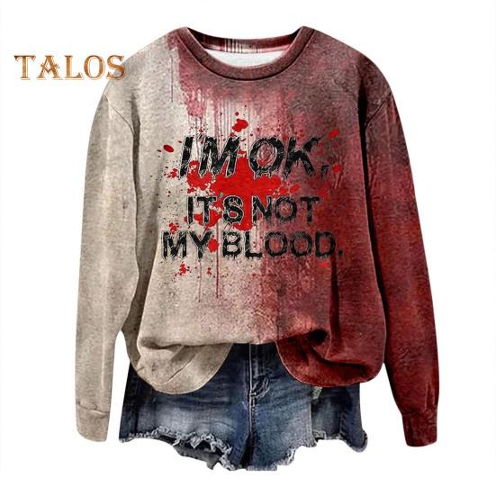 Women Sweatshirt 3D Bloodstain Print Round Neck Casual Halloween Haunted House Cosplay Top Long Sleeves Loose Hoodie